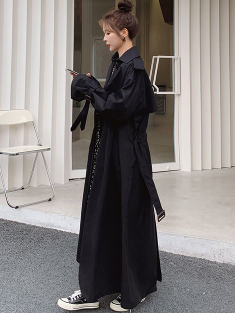 Women's Trench Coats Lautaro Spring Autumn Long Flowy Oversized Casual Coat for Women Belt Double Breasted Loose Korean Fashion 230404