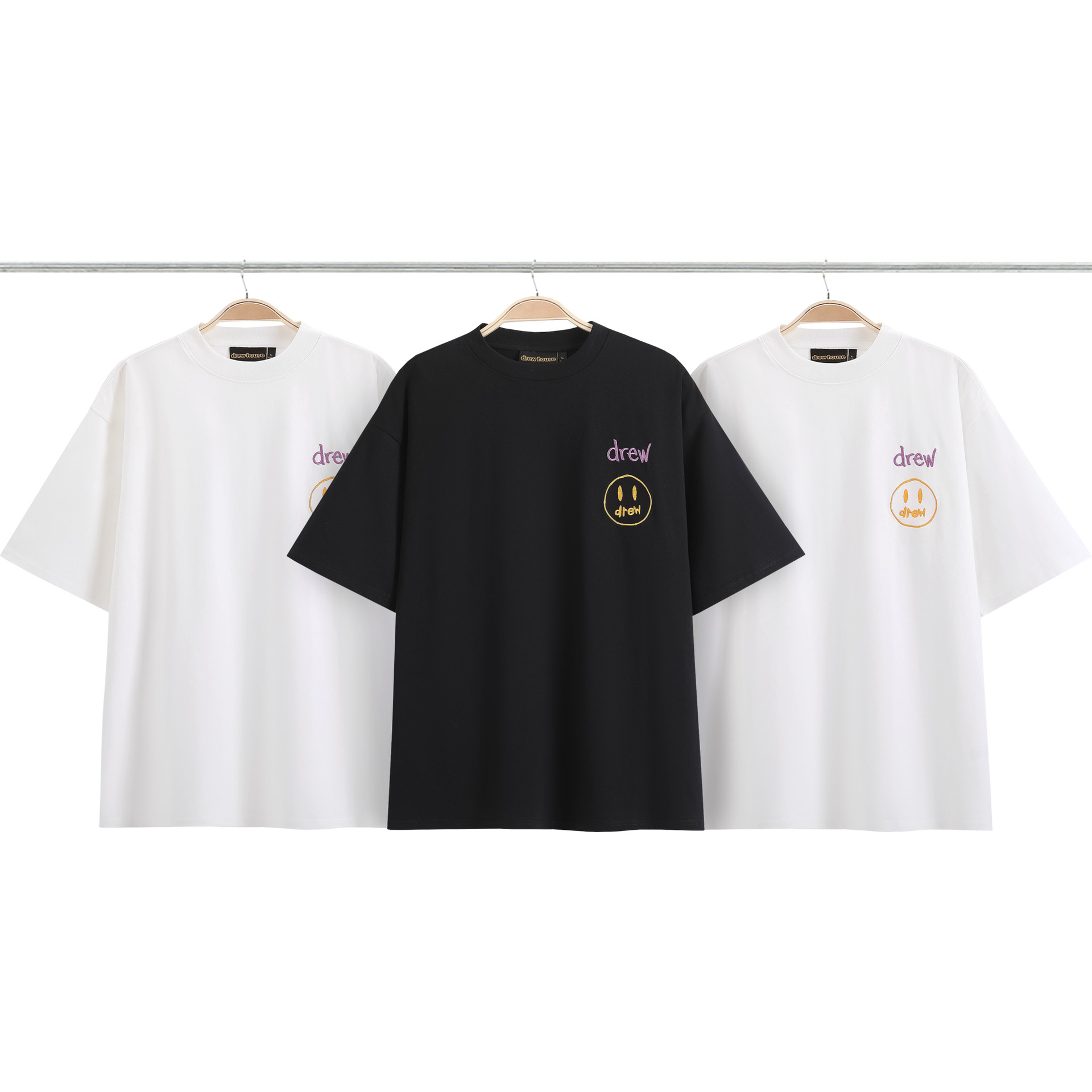 summer solid crewneck cotton loose men white draw face embroidery t shirt