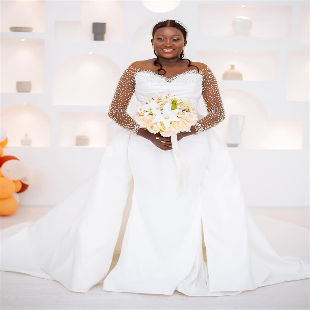 2023 Nov Arabic Aso Ebi Plus Size White Mermaid Wedding Dress Beaded Sheer Neck Detachable Train Bridal Gowns Dresses ZJ506