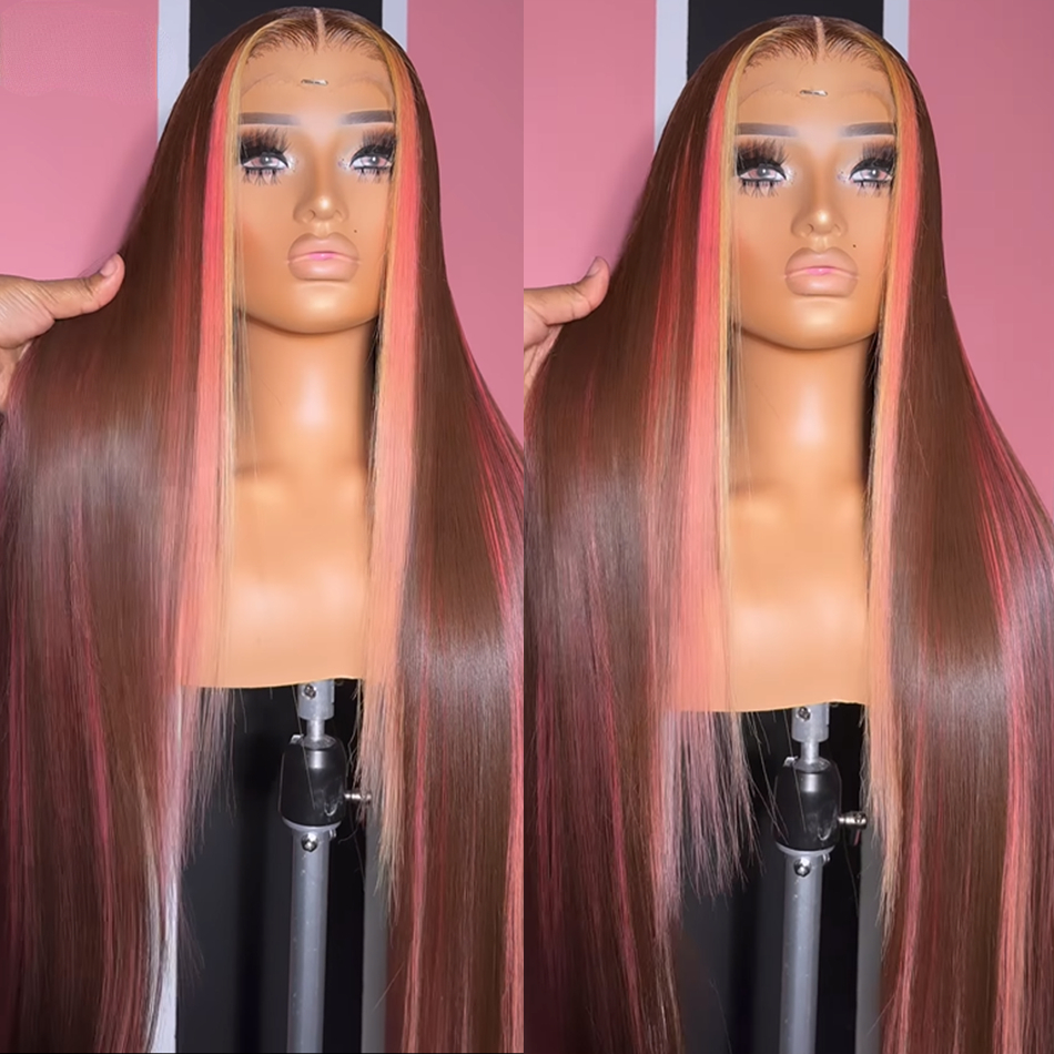 HD Human Hair Lace Front Wigs Highlight Pink With Brown Lace frontal Wigs Body Wave Glueless Lace Closure Wig Synthetic For Black Women