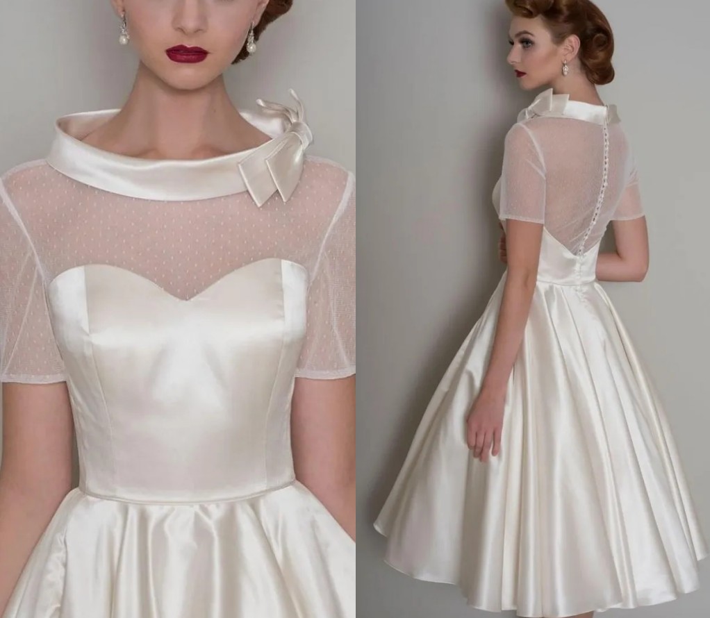Vintage Champagne Short Wedding Dress 2024 Sleeves O-Neck Sheer Bow Back Bridal Gowm Knee Length Vestidos Lace Satin Robe De Mairage