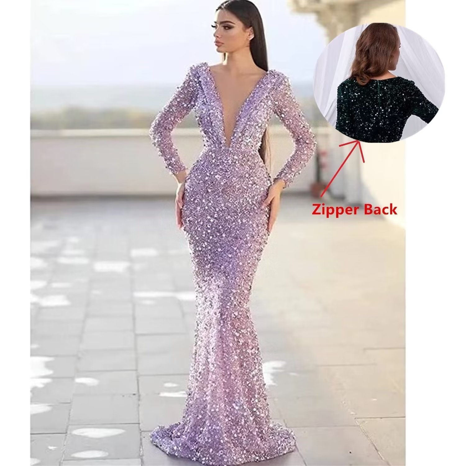 Evening Glitter Mermaid Dresses Beading Sequins Long Sleeve Prom Gowns Deep V Neck Party Second Reception Dress 6660306