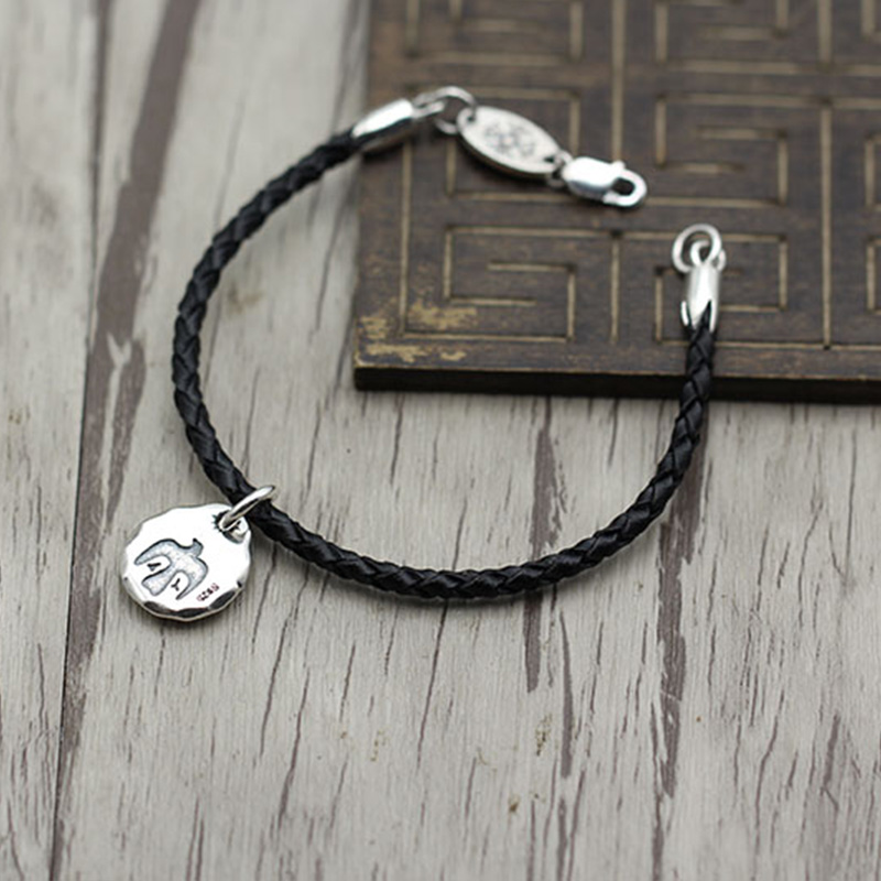 D6 S925 Sterling Silver Bracelet Trend Black Leather Bracelet Cross Flower Letter Personalized Punk Hip Hop Jewelry Style Gift for Lovers