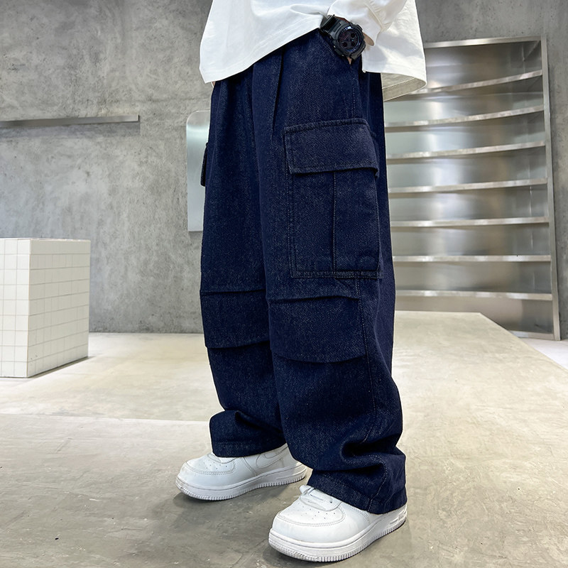 Jeans Teenage Boys' Wide Leg Pants Korean Style Fashion Spring Summer Autumn Pure Cotton Straight Jeans Children's Casual Deep Blue Denim Tr