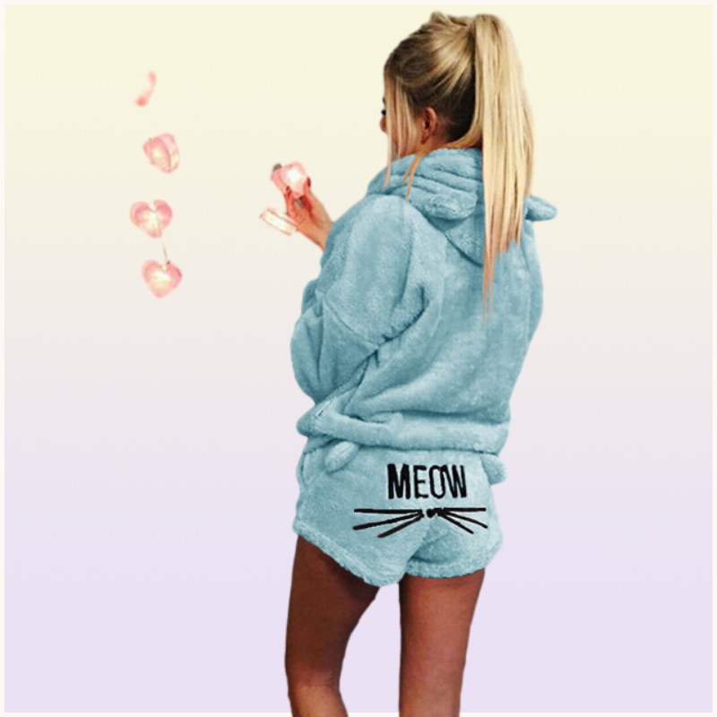 Women Winter Short Pajamas Hooded Designer Pyjama Set Hoodie Cat Print Shorts Pants Outfits Causal Pajamas Clothes Sets Home Cloth
