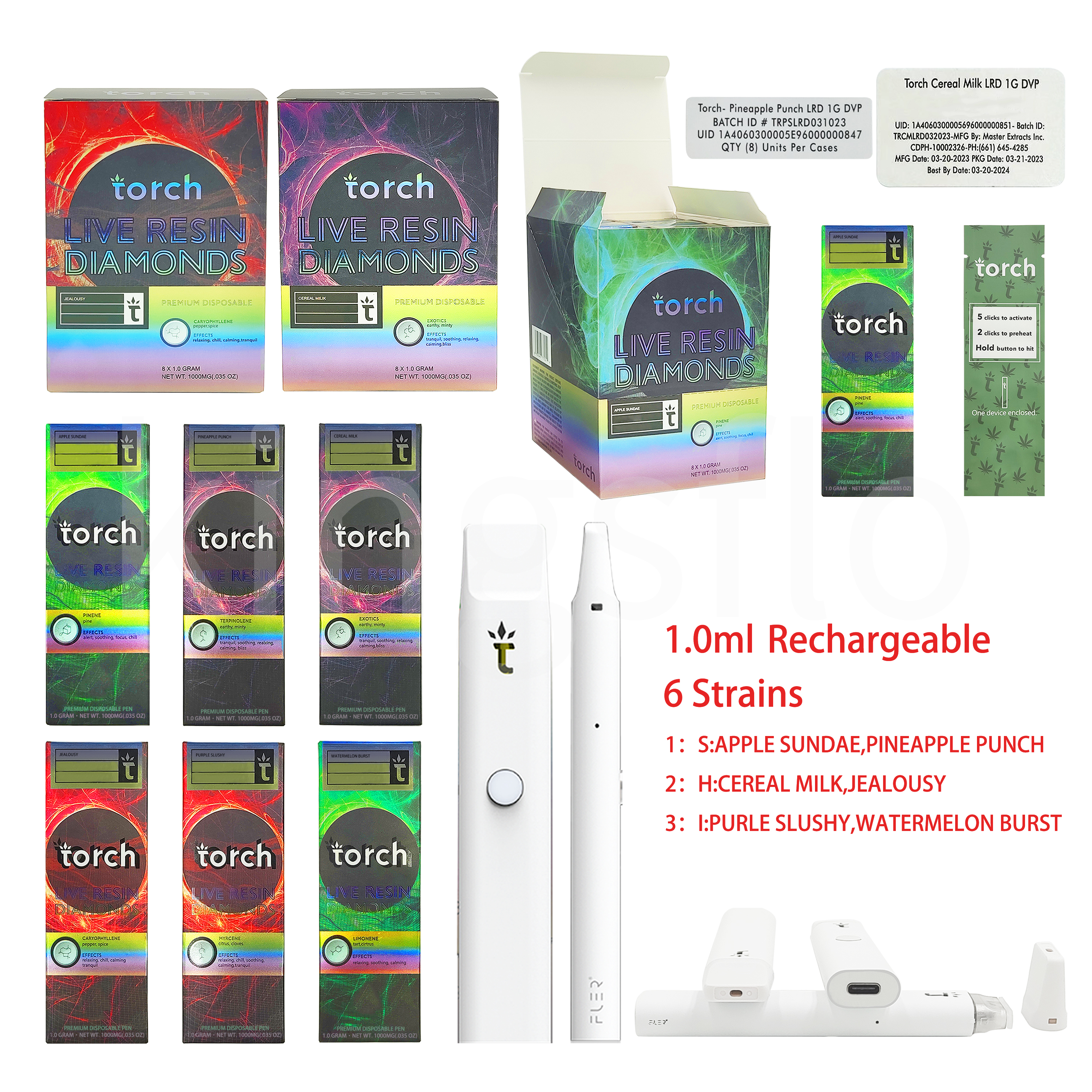 Torch 1.0ml Live Resin Diamond Disposable E-cigarettes Vape Pen 350mAh Battery Rechargeable 6 strains Empty Carts With Packagings
Torch 1.0ml Live Resin Diamond Disposable E-cigarettes Vape Pen 350mAh Battery Rechargeable 6 strains Empty Carts With Packagings