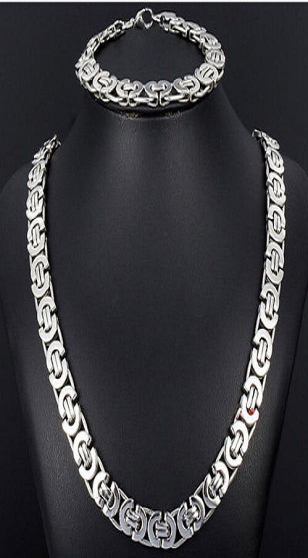 New Style Jewlery Set 8mm Silver Tone Flat byzantine chain necklace bracelet 316L Stainless Steel Bling for Fashion mens XMAS Gi