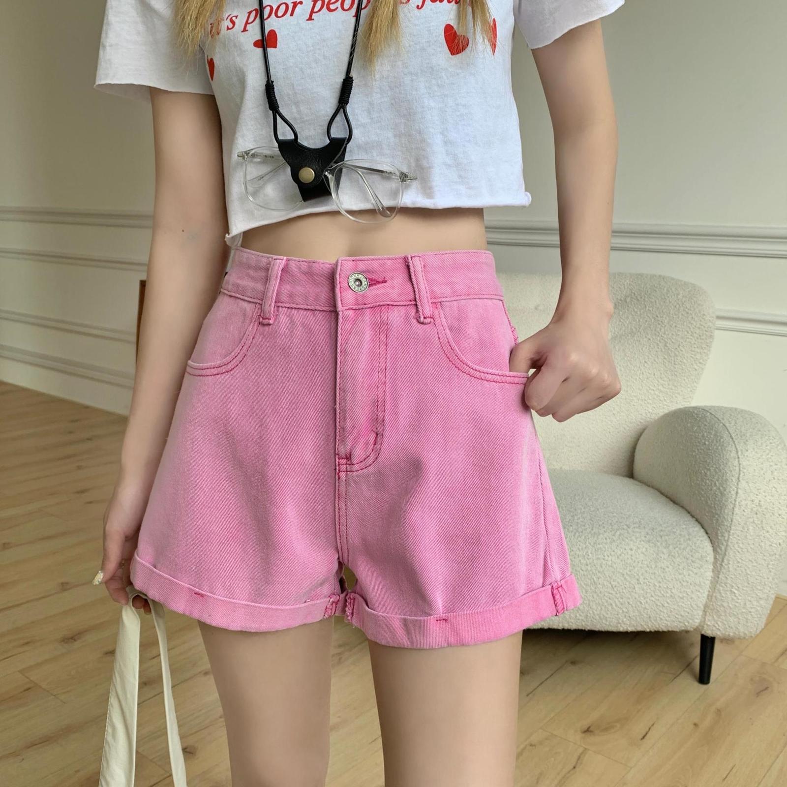 Women's Shorts Summer Women's Pink Purple Shorts Sweet Girl High Waist Straight Denim Shorts Casual Fit Cute Jeans Shorts 230406