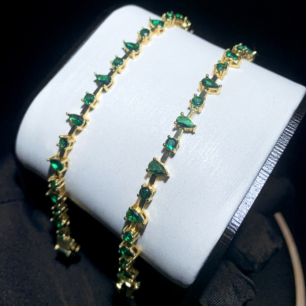 Lovely Multi Green Water Drop Round Zircon Bangle Elegant Bracelet Earrings Hip Hop Gold Plated Paved Cubic Zirconia Women Party Gift Wholesale Jewelr