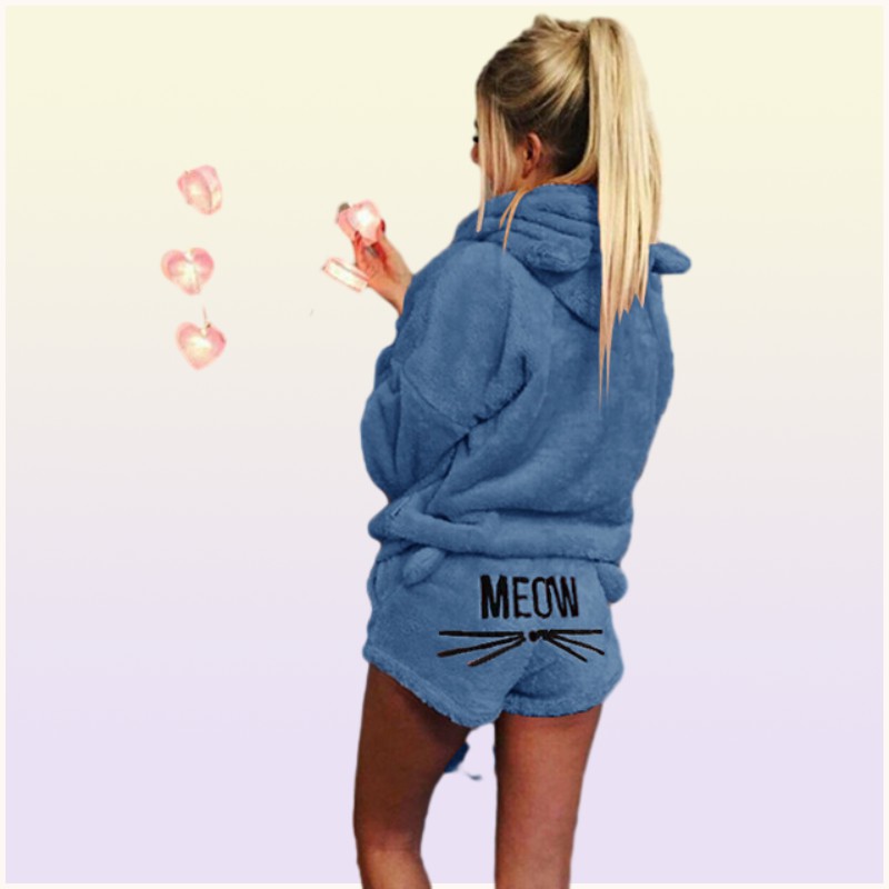 Women Winter Short Pajamas Hooded Designer Pyjama Set Hoodie Cat Print Shorts Pants Outfits Causal Pajamas Clothes Sets Home Cloth8196020