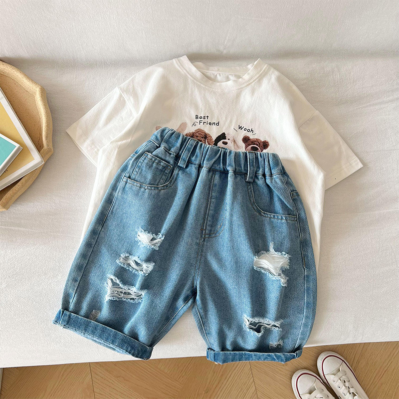 Jeans Summer Boys' Casual Hole Knee Length Jeans Pants 230406