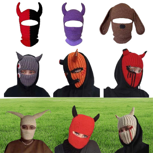 Cycling Caps Masks Halloween Funny Horns Creative Knitted Hat Beanies Warm Full Face Cover Ski Mask Hat Windproof Balaclava Hat fo