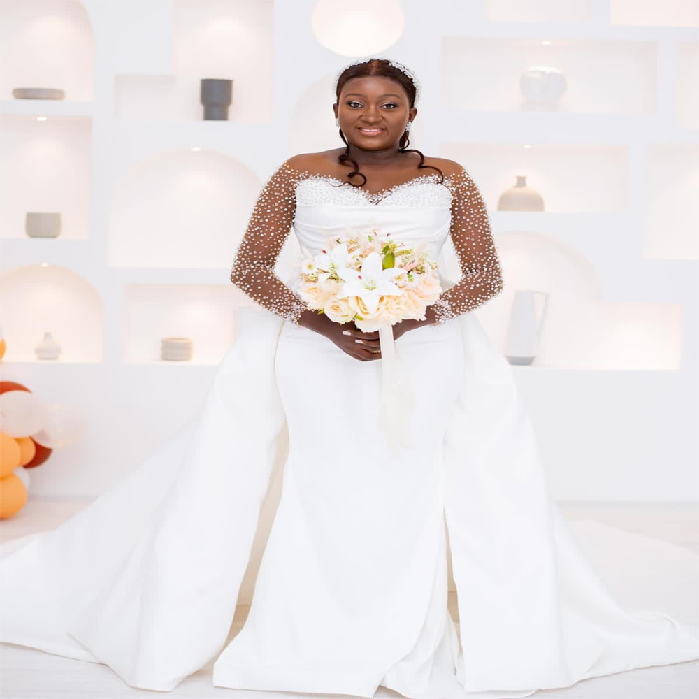 2023 Nov Arabic Aso Ebi Plus Size White Mermaid Wedding Dress Beaded Sheer Neck Detachable Train Bridal Gowns Dresses ZJ506
