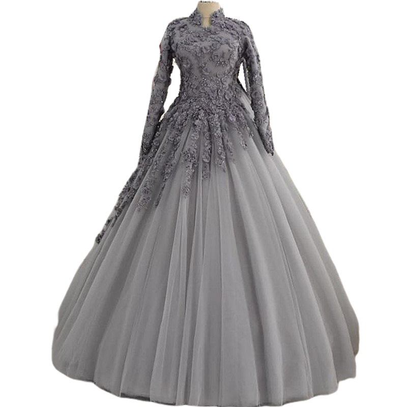 Elegant Arabic Mulsim Tulle Prom Dresses With 3D Floral Lace Applique Light Gray Long Sleeves Ball Gown Evening Gowns Floor Length Bride Engagement Re