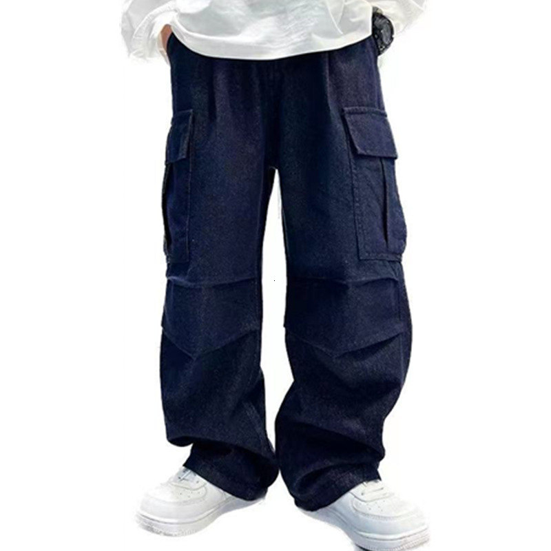 Jeans Teenage Boys' Wide Leg Pants Korean Style Fashion Spring Summer Autumn Pure Cotton Straight Jeans Children's Casual Deep Blue Denim Tr