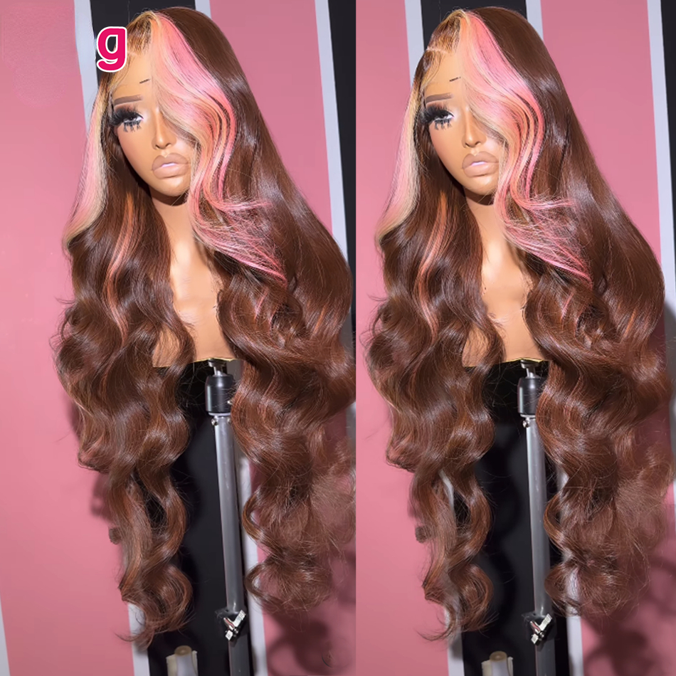 Free shipping HD Brown 13x4 Body Frontal For Women Pink Hightlight Front Human Hair Wigs Transparent Synthetic Lace Wig
