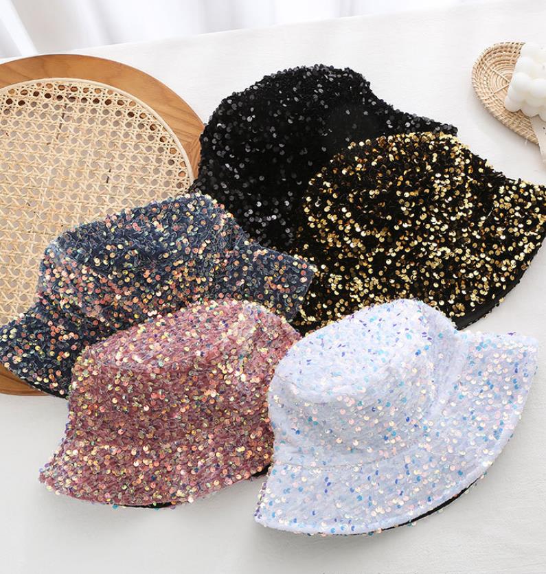 Carnival Rave Stage Wear Shiny Bling Sequin Bucket Hat Wide Brim Hip Pop Women Trendy Street Punk Stage Cap for Party Music Festival