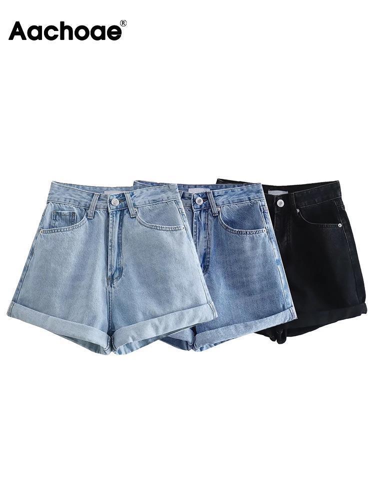 Women's Shorts Aachoae Summer Casual Solid Color Denim Shorts Women High Waits Zipper Fly Pants Ladies Fashion Chic Shorts Mujer Pantalon 230503