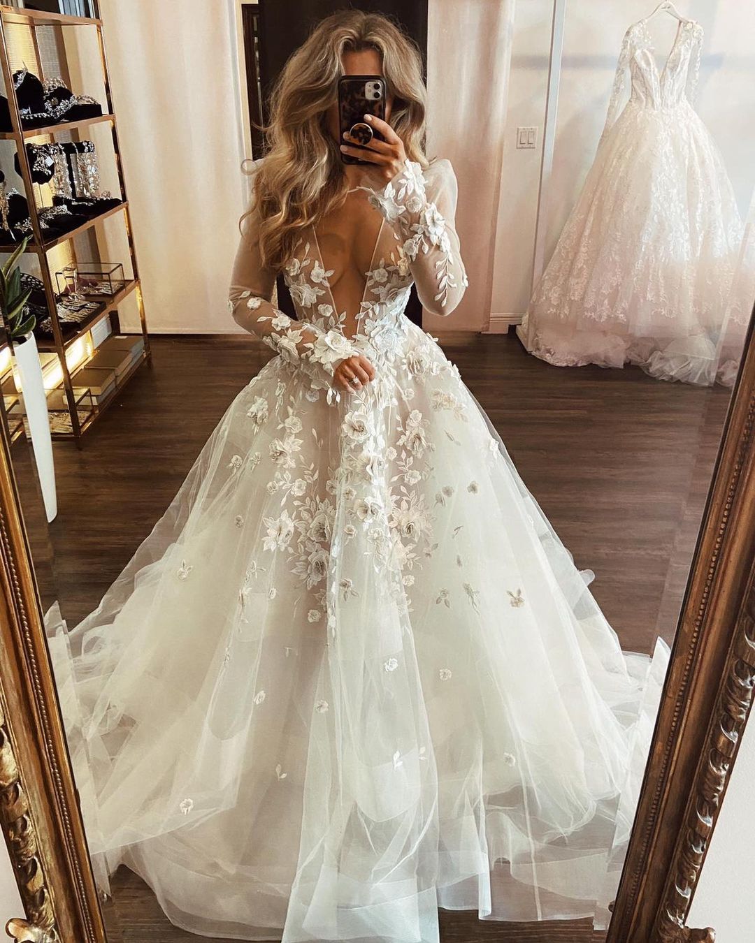 A-e Wedding Dress with Appliques, Plunging V-neck, Long Sleeves, Illusion Necke, Designer Bridal Gowns