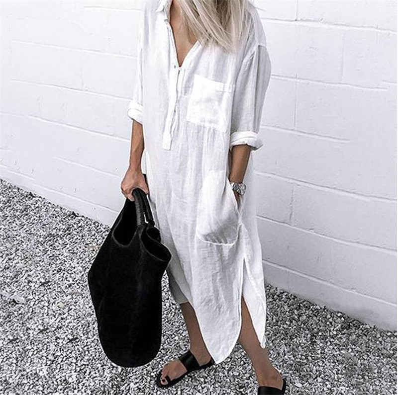 Casual Dresses Autumn Cotton Linen Women's Shirt Dress Long Sleeve Pure White Casual Dress Women's Summer Fashion Loose fitting Women's
