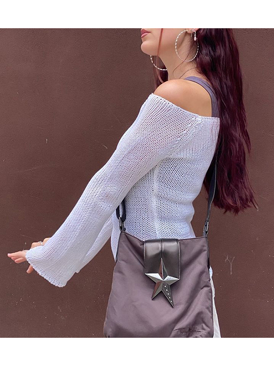 Women s T Shirt Y2K Hollow Out Cropped Knit Smock Top Vintage Loose Crochet Pullovers Flare Sleeve Casual Fairycore Chic Cloth 230407