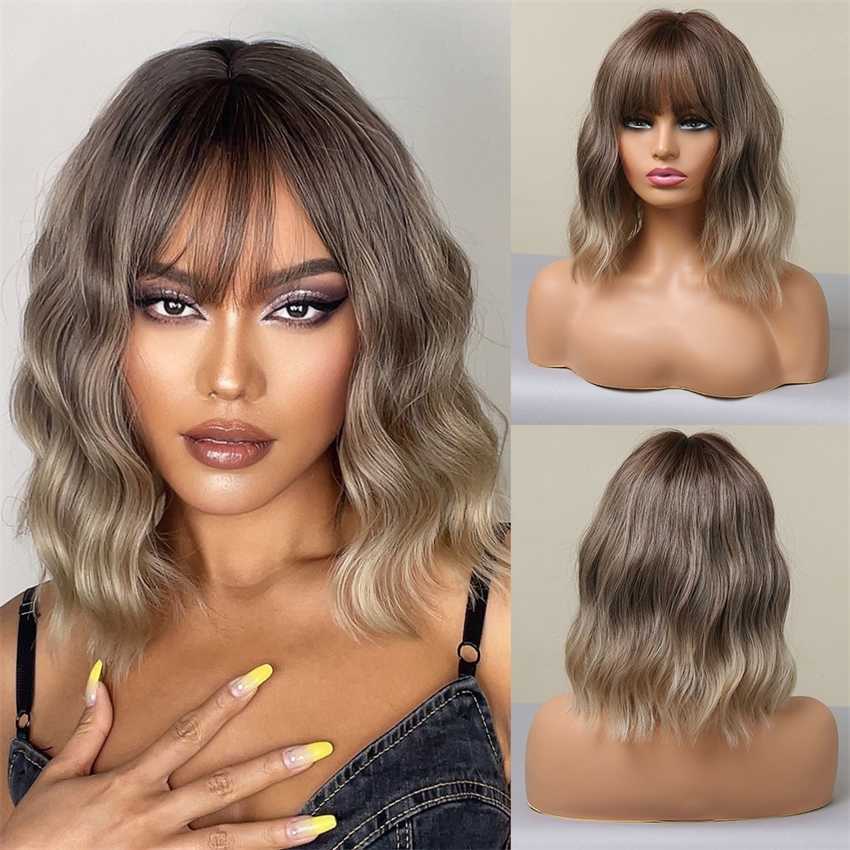 Synthetic Wigs Easihair Brown Wavy Short Bob Wigs for Women with Bangs Synthetic Medium Length Cute Daily Natural Hair Wig Heat Resistant 230227