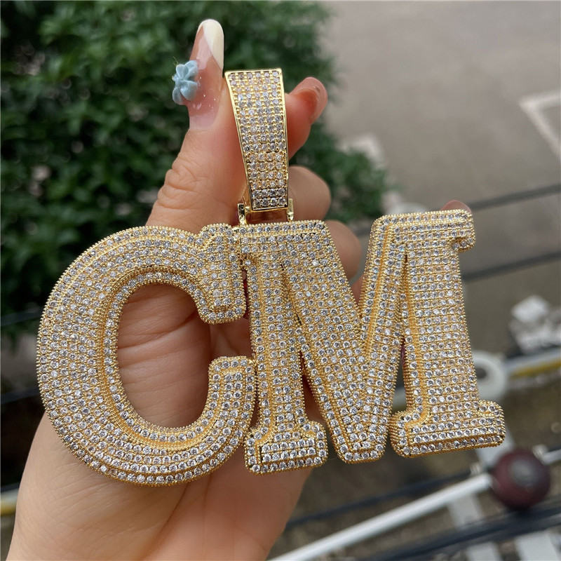 Gold Silver Colors Bling CZ Custom Big Brush Cursive Letters Pendant Necklace with 3mm 24inch Rope Chain for Men Women Gift