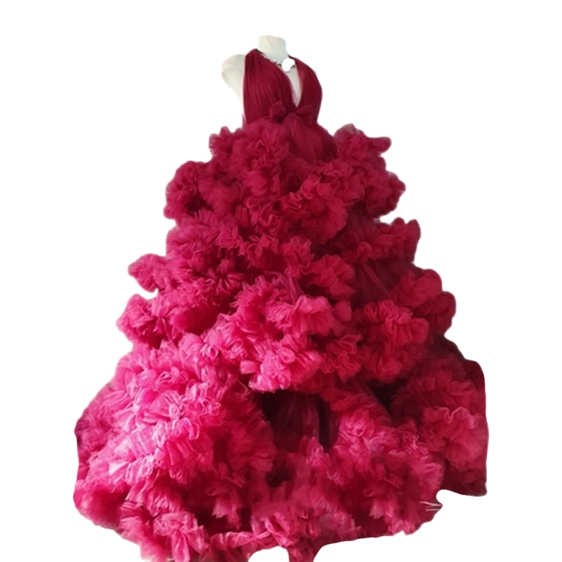 Maternity prom occasion Dresses Lush Ruffles Tulle fuchsia Pregnant Women Custom Made Fluffy Photo shoot evening gown robes