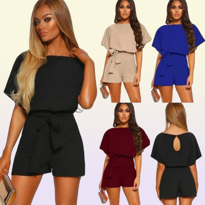 Women039s Jumpsuits Rompers Loose Casual Streetwear Summer Overalls For Women Bandage With Belt Short Sleeve Playsuit Solid T