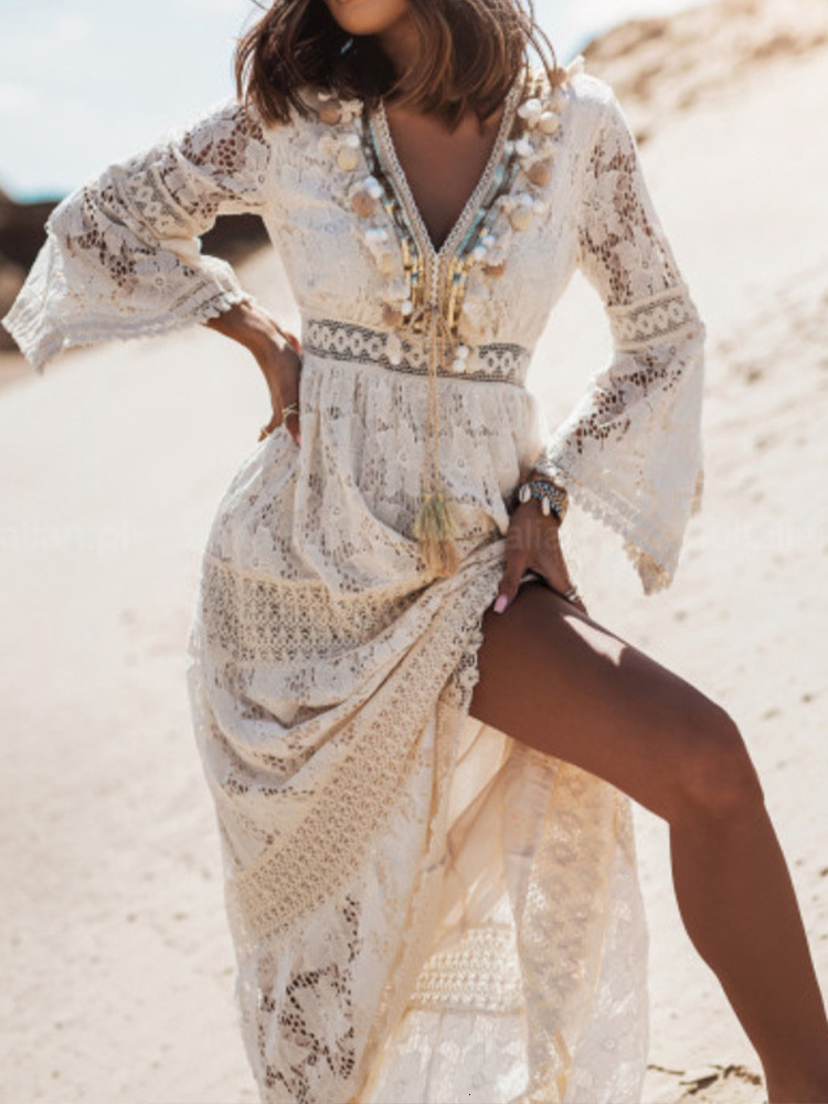 Casual Dresses Summer Bohemian Long Dress Women's Lace V-Neck Spaghetti Shoulder Strap Dress Women's Shoulder Beach Sun Dress White Dress Ve