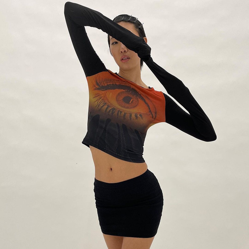 Women s T Shirt Y2k Grunge Print Crop Top O Neck Full Sleeve T Shirt Graphic Vintage Punk Goth Black Tee Clothing 230407