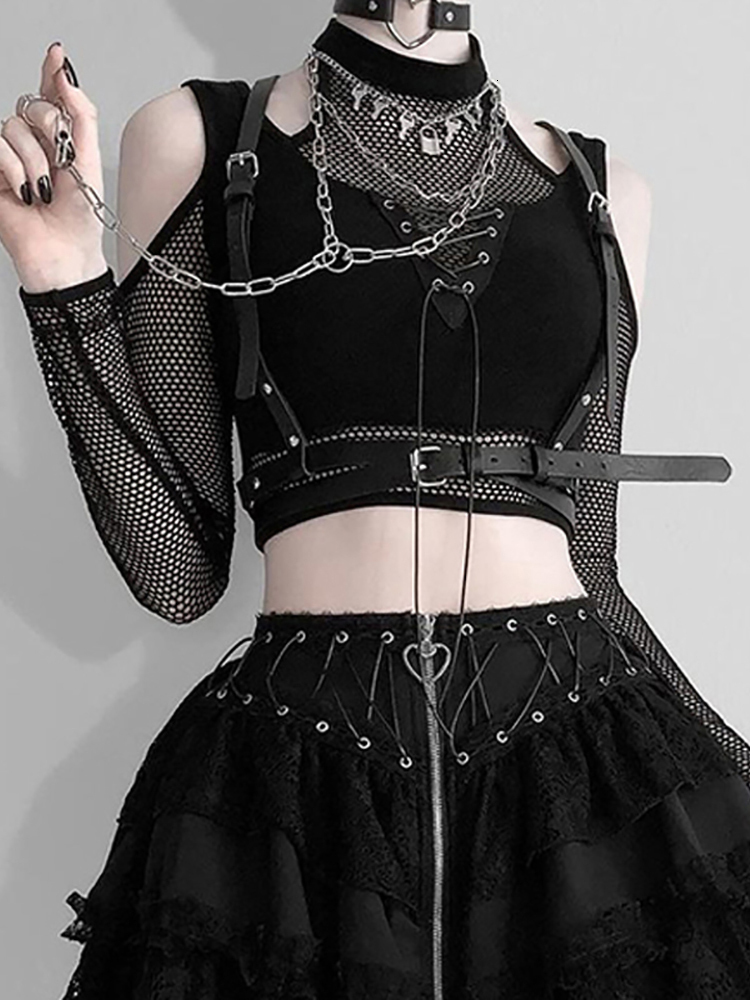 Women s T Shirt Goth Dark Fishnet Cut Out Women Sexy Halter T shirts Mall Gothic Grunge Black Bandage Crop Tops Punk Open Shoulder Alt Clothing 230407