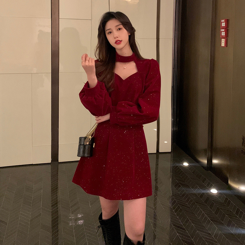 Casual Dresses Red Velvet Elegant Party Mini Dress Women's Sequin Long Sleeve Wram Vintage Dress Women's Casual Korean A-line Dress Year 230