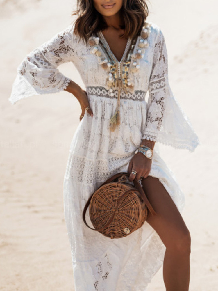 Casual Dresses Summer Bohemian Long Dress Women's Lace V-Neck Spaghetti Shoulder Strap Dress Women's Shoulder Beach Sun Dress White Dress Ve
