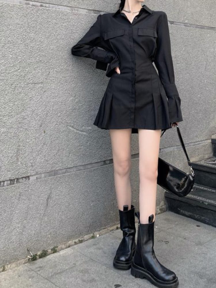 Casual Dresses HOUZHOU Black Shirt Dress Women's Elegant Vintage Long Sleeve Dress Sexy Gothic Pleated Street Clothing Lapel Casual Robe 230407