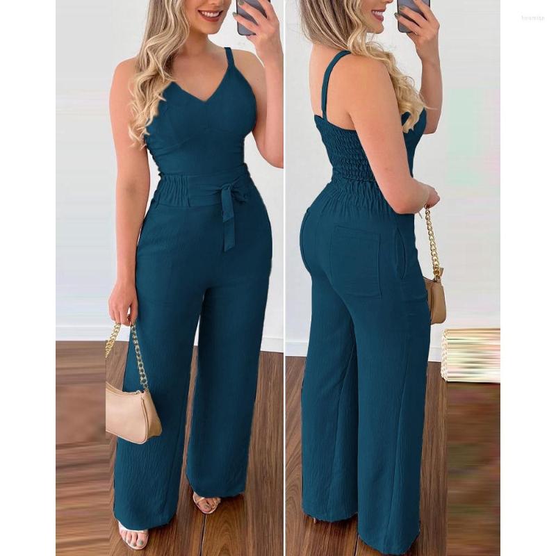 Women's Two Piece Pants 2023 Casual Women Shirred V-Neck Spaghetti Strap Cami Top High Waist Tied Detail Wide Leg Sets 2 Pieces Woman