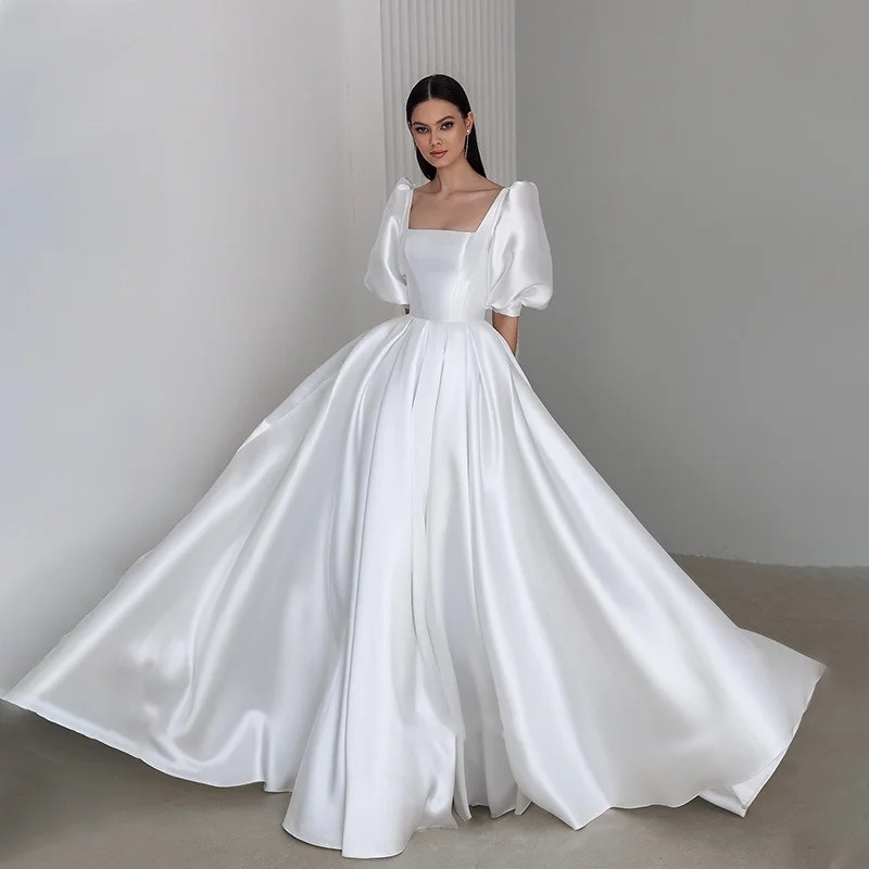 Fashion Square Neck Satin Wedding Dress Puff Sleeve Princess A-Line Bridal Formal Gowns Vestidos De Novia