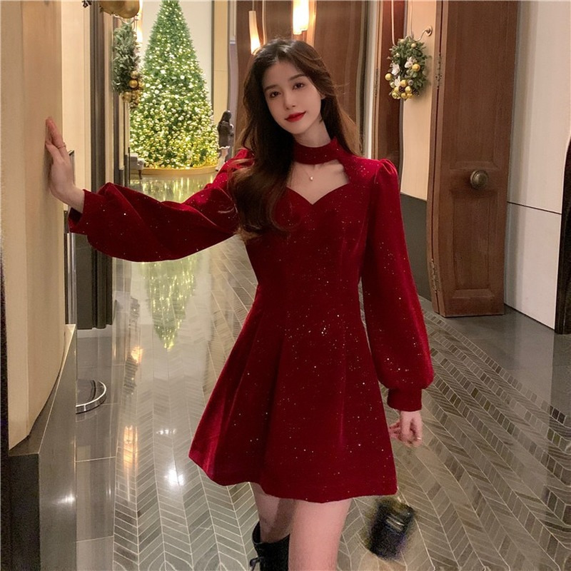 Casual Dresses Red Velvet Elegant Party Mini Dress Women's Sequin Long Sleeve Wram Vintage Dress Women's Casual Korean A-line Dress Year 230