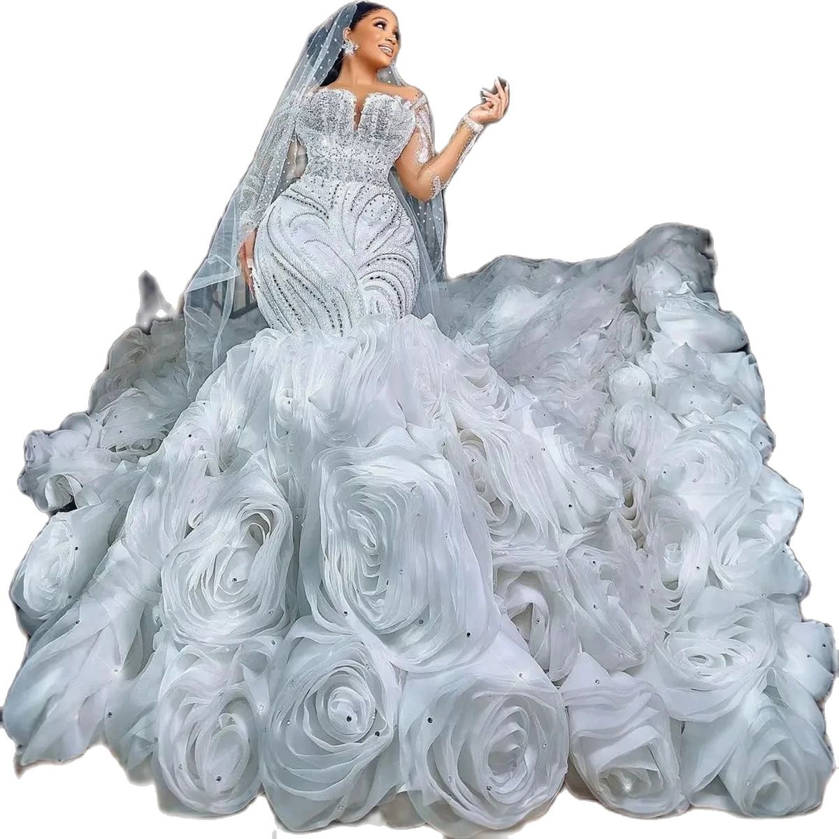 South Africa Mermaid Wedding Dress Cascading Ruffles Lace Appliques Beaded Plus Size Bridal Gowns Custom Made Detachable Train