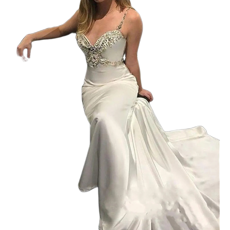 Sexy Backless Mermaid Wedding Dresses Crystals Beaded Sweetheart Spaghetti Straps Long Satin Bridal Gowns Charming Bride Second Reception Dress