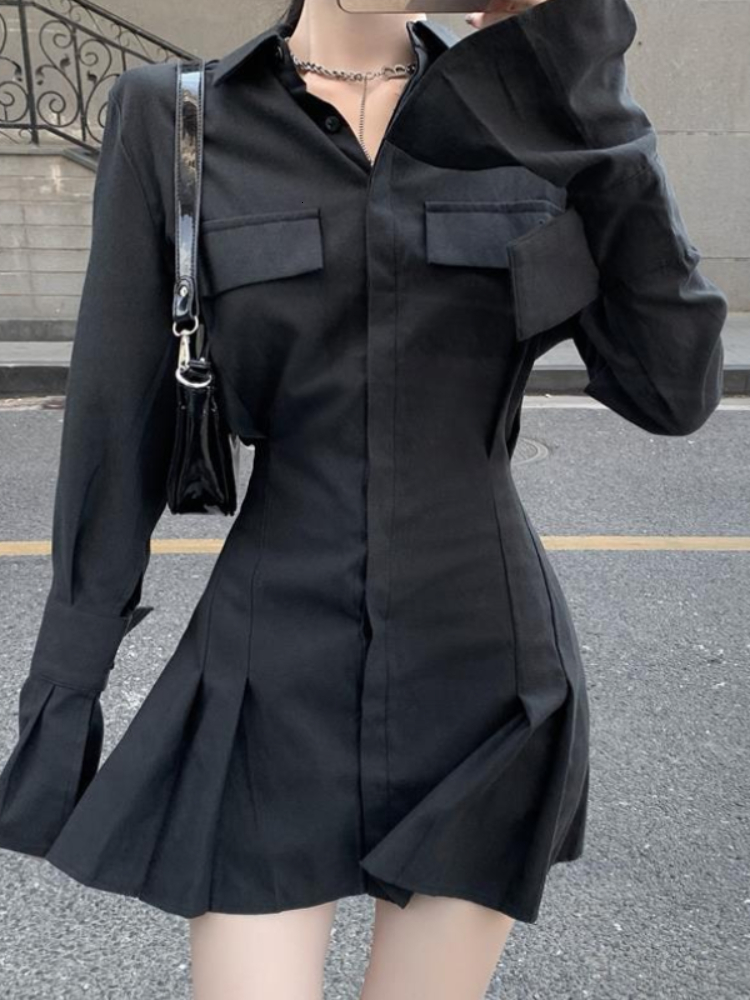 Casual Dresses HOUZHOU Black Shirt Dress Women's Elegant Vintage Long Sleeve Dress Sexy Gothic Pleated Street Clothing Lapel Casual Robe 230407