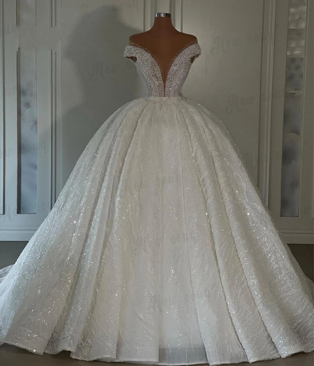 Sequined Ball Wedding Dress For Women Custom Made Arabic V Neck Short Sleeves Pearls Bridal Gown Vestido De Casamento Plus Size estido