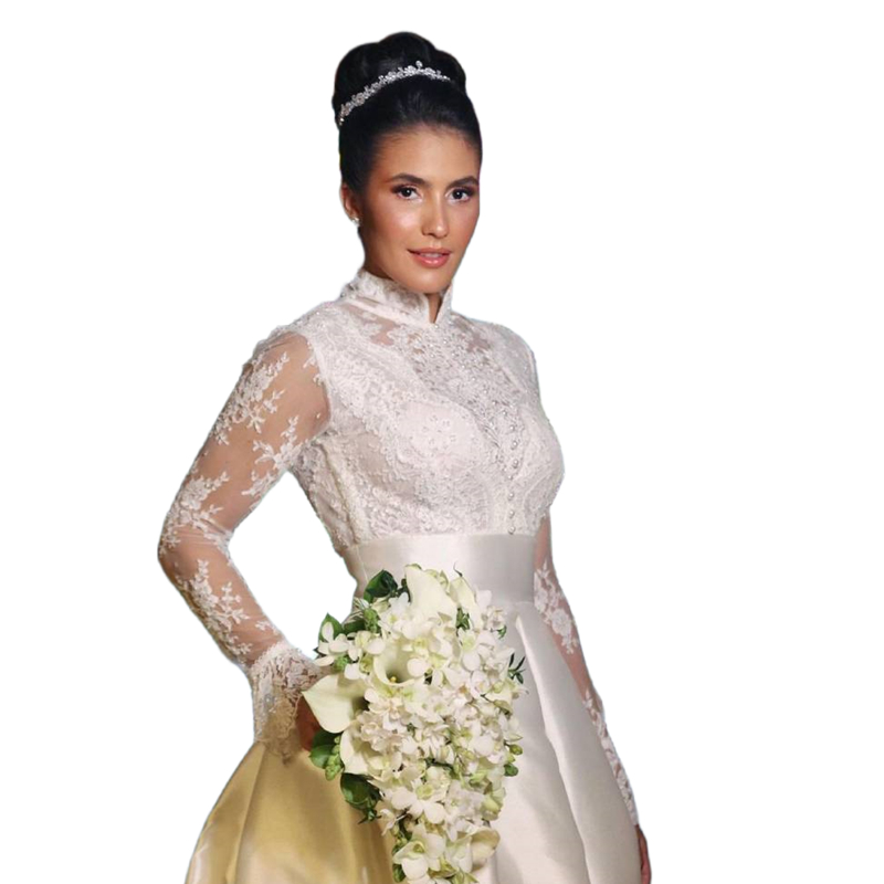 Gorgeous Ivory Satin A Line Wedding Dresses Lace Top Long Sleeves High Neck Vintage Bridal Gowns Beaded Empire Waist Church Bride Dress 2024 Robe De M