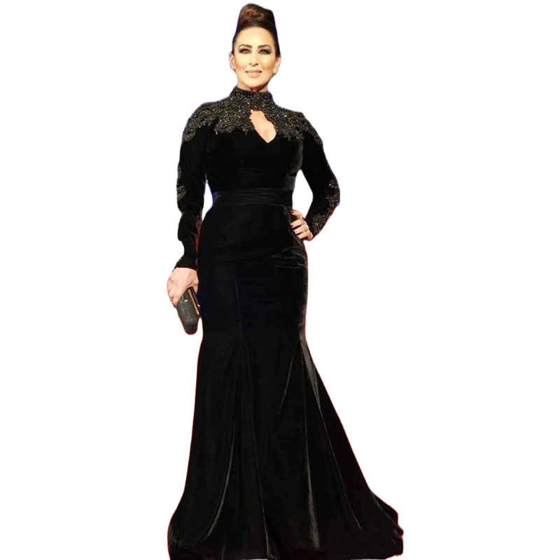 Elegant Black Velvet Mermaid Mother Of The Bride Dresses With Long Sleeves Beaded Lace Appliques High Neck Modern Wedding Guest Dress Groom Mom Prom P
