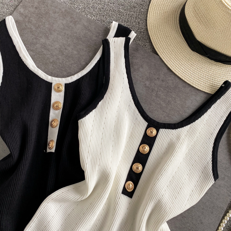 Camisoles Tanks Summer Women's Patch O-Neck Tank Top Women's Body Knitted Button Simple Elastic Tank Top Sleeveless T-shirt Women's 230
