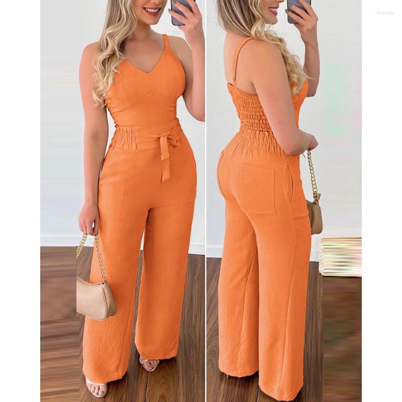 Women's Two Piece Pants 2023 Casual Women Shirred V-Neck Spaghetti Strap Cami Top High Waist Tied Detail Wide Leg Sets 2 Pieces Woman