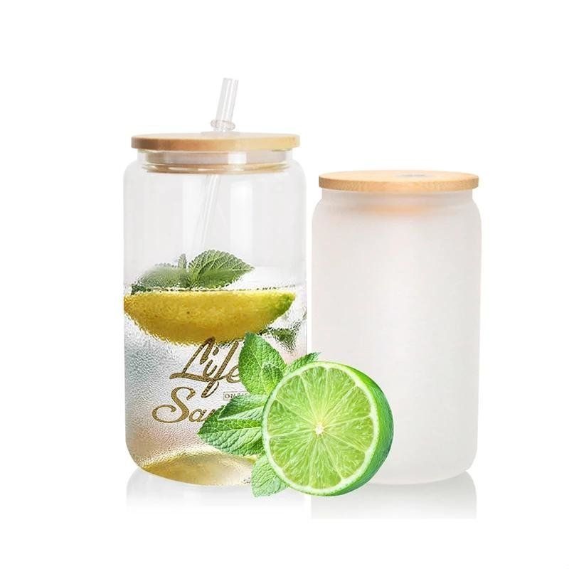 USa/ca Warehouse 16oz Sublimation Glass Beer Mugs with Bamboo Lid Straw DIY Blanks Frosted Clear Can Shaped Tumblers Cups Heat Transfer Cocktail NEW