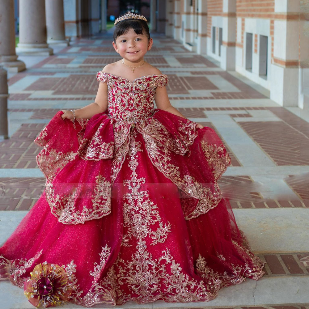 Retro Off the Shoulder Flower Girls Dresses Lace Appliques Tiered Kids Formal Wear Wine Red Little Kids Princess Dress for Birthday Party