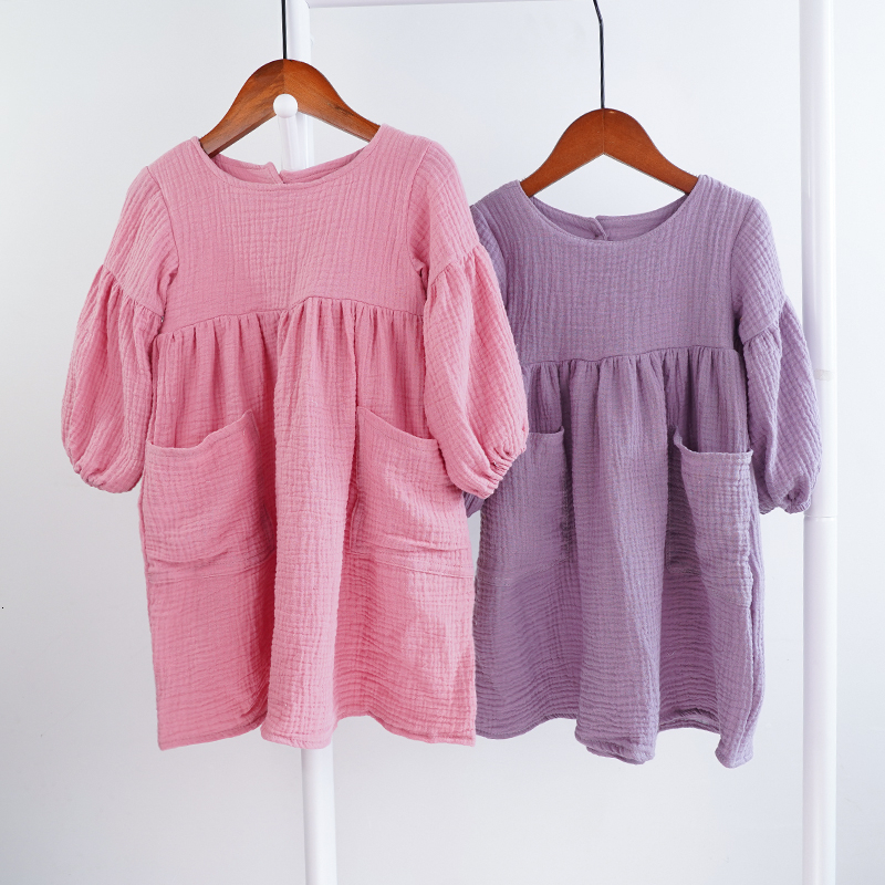 Girl's Dresses Autumn Spring Children's Clothing Organic cotton Double Gauze Loose Pocket Baby Girls Dress Fashion Princess Casual Children&
