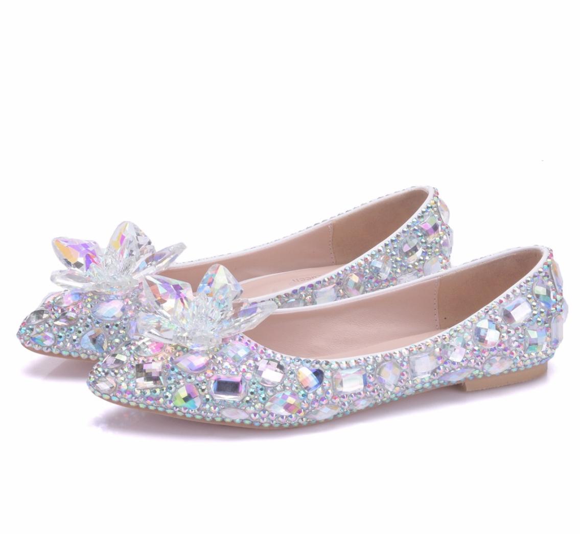 New Beautiful AB crystal Women Flats rhinestone Pointed Toe Flat elegant Wedding Shoes suitable Plus Size bride flats